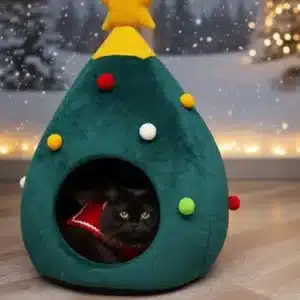 Cama Cueva para Gatos en Forma de Árbol de Navidad – Casa Invernal Cómoda y Calentita para Gatos y Perros Pequeños