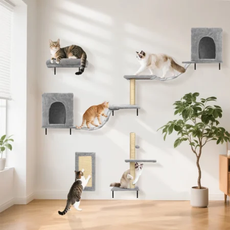 Set de Escalada para Gatos Nobleza – Árbol de Pared Premium con 2 Casitas, Puente Colgante y Rascadores de Sisal (6 Piezas)